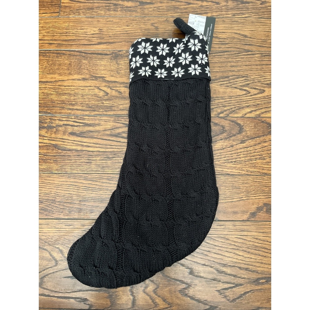 Nicole Miller Home 22" Christmas Stocking Black & White Knit Snowflake Top NWT